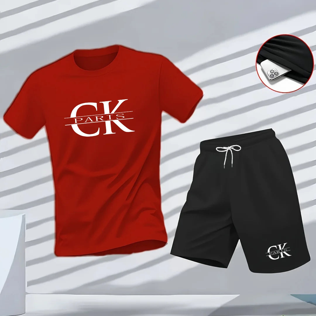 A brand-new summer collection of men's retro sporty street casual fashion short-sleeved top and T-shirt two-piece set