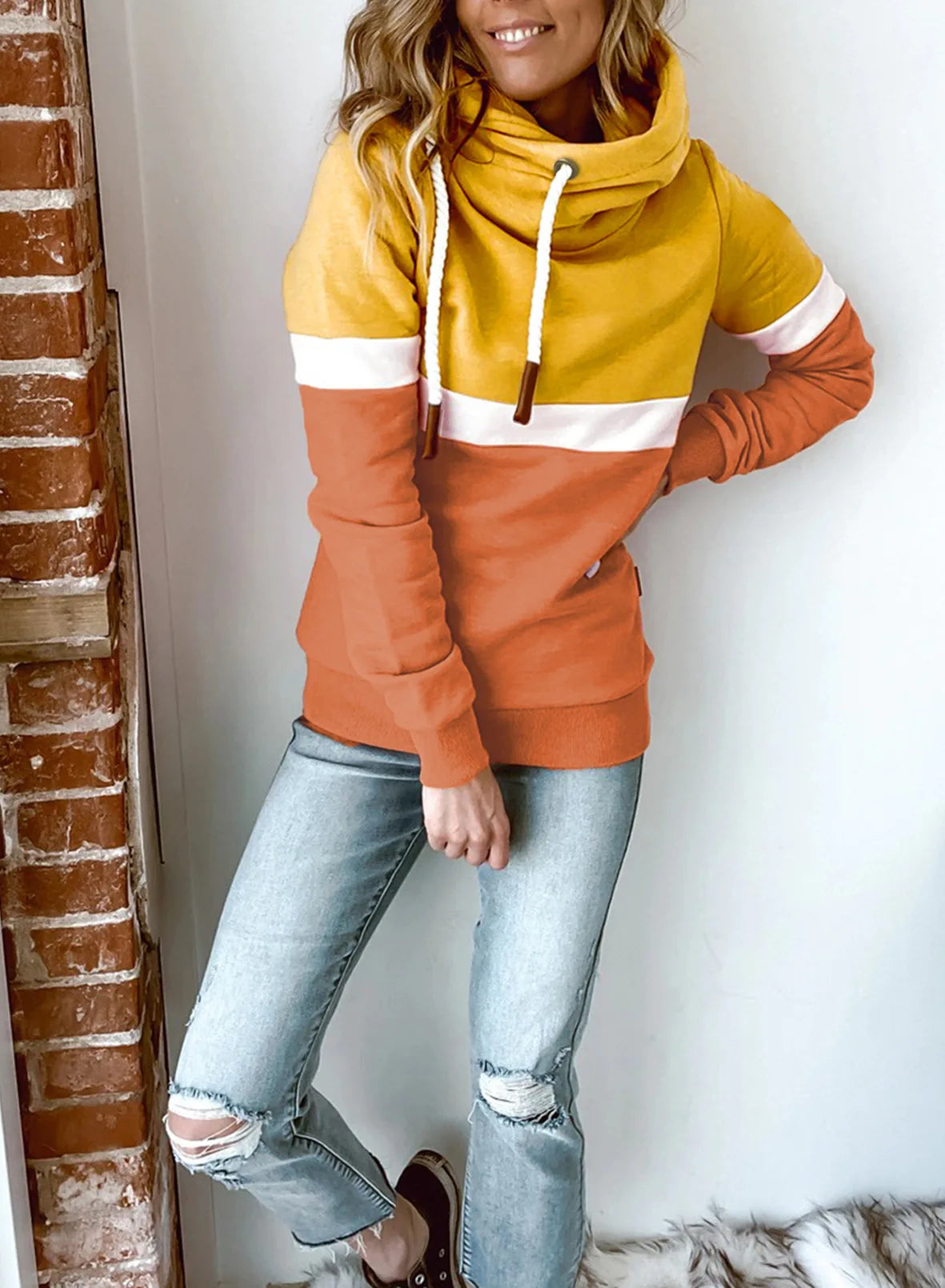 Women's sweatshirt 2024 new autumn and winter solid color stitching casual high collar hooded cross-border sweatshirt for women