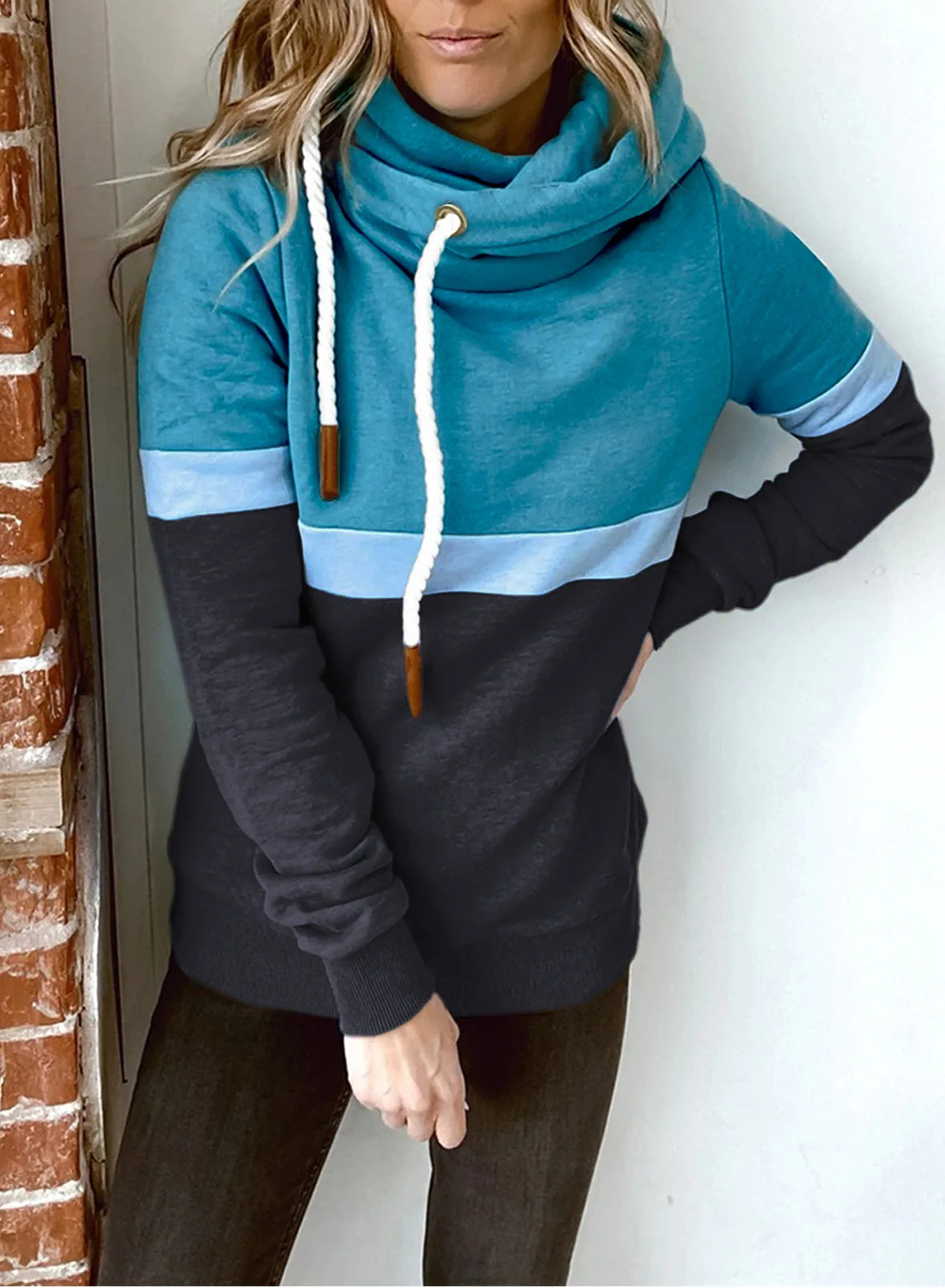 Women's sweatshirt 2024 new autumn and winter solid color stitching casual high collar hooded cross-border sweatshirt for women