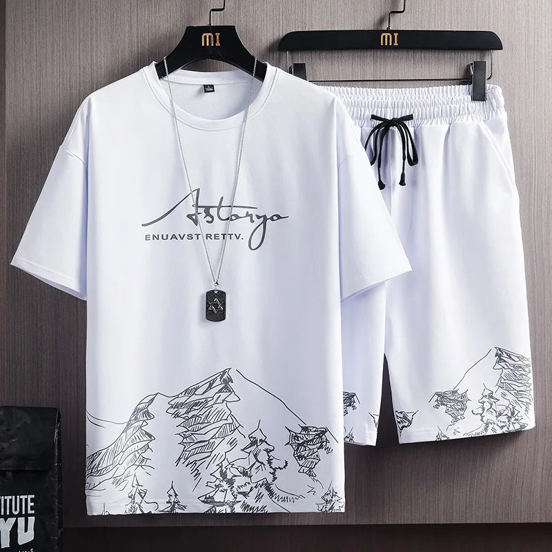 Summer New Men's Two Piece Set Casual T-Shirt and Shorts Sets Men Oversized Sports Suit Fashion Short Sleeve Tracksuit sweatpant